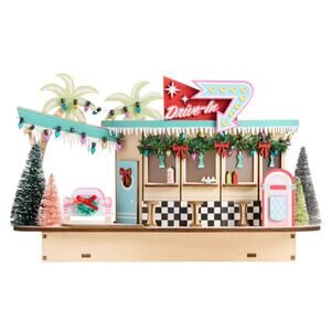 World Market Mid-Century Modern Drive In LED Christmas Decor Laser Cut Wood NEW